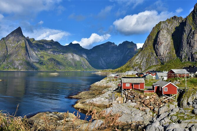 Special Summer Cruise Bus Tour of Lofoten - Sakrisøy: yellow cabins against the mountains